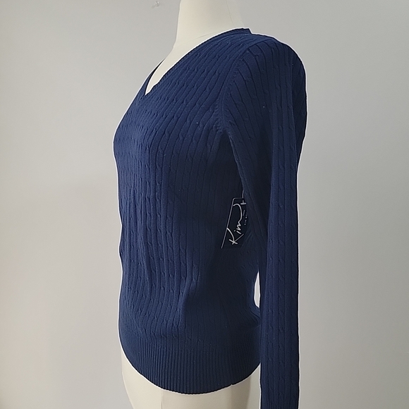 Kim Rogers Navy Blue Cable Knit Sweater V-neck, Long Sleeves 100% Cotton Size M - Picture 4 of 9